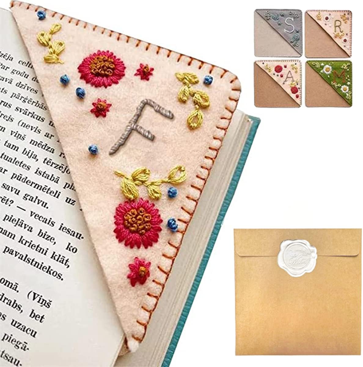 Personalized Hand Embroidered Corner Bookmark – Custom Initial Felt Bookmark for Book Lovers