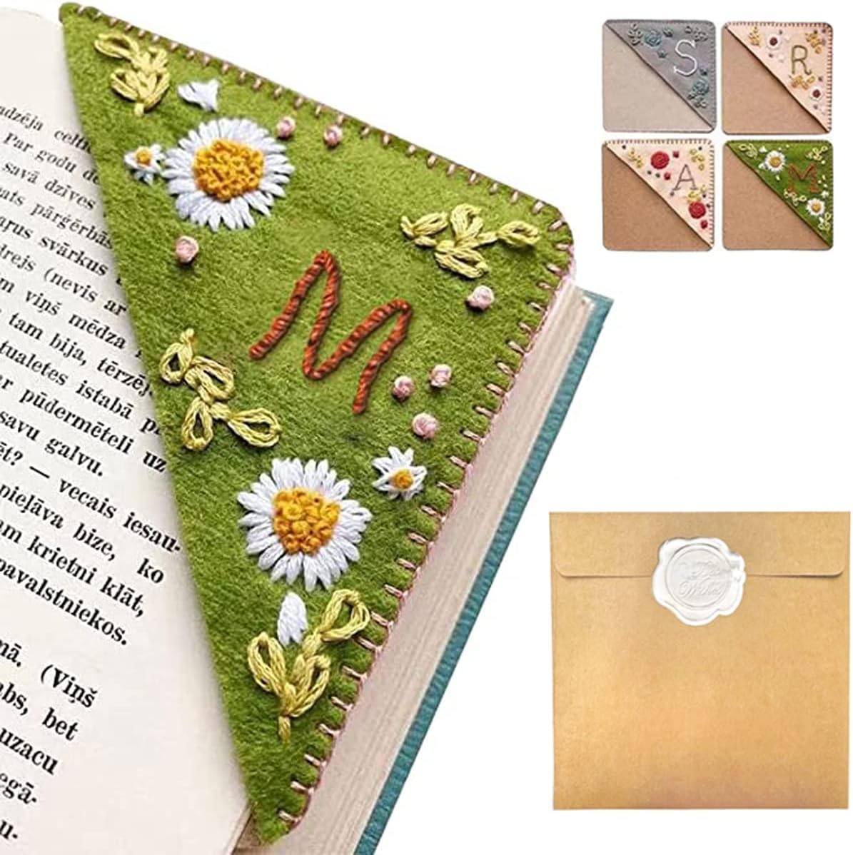 Personalized Hand Embroidered Corner Bookmark – Custom Initial Felt Bookmark for Book Lovers
