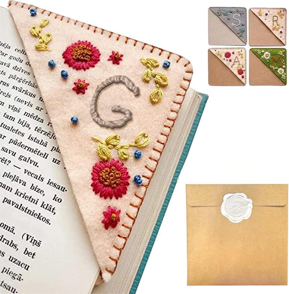 Personalized Hand Embroidered Corner Bookmark – Custom Initial Felt Bookmark for Book Lovers