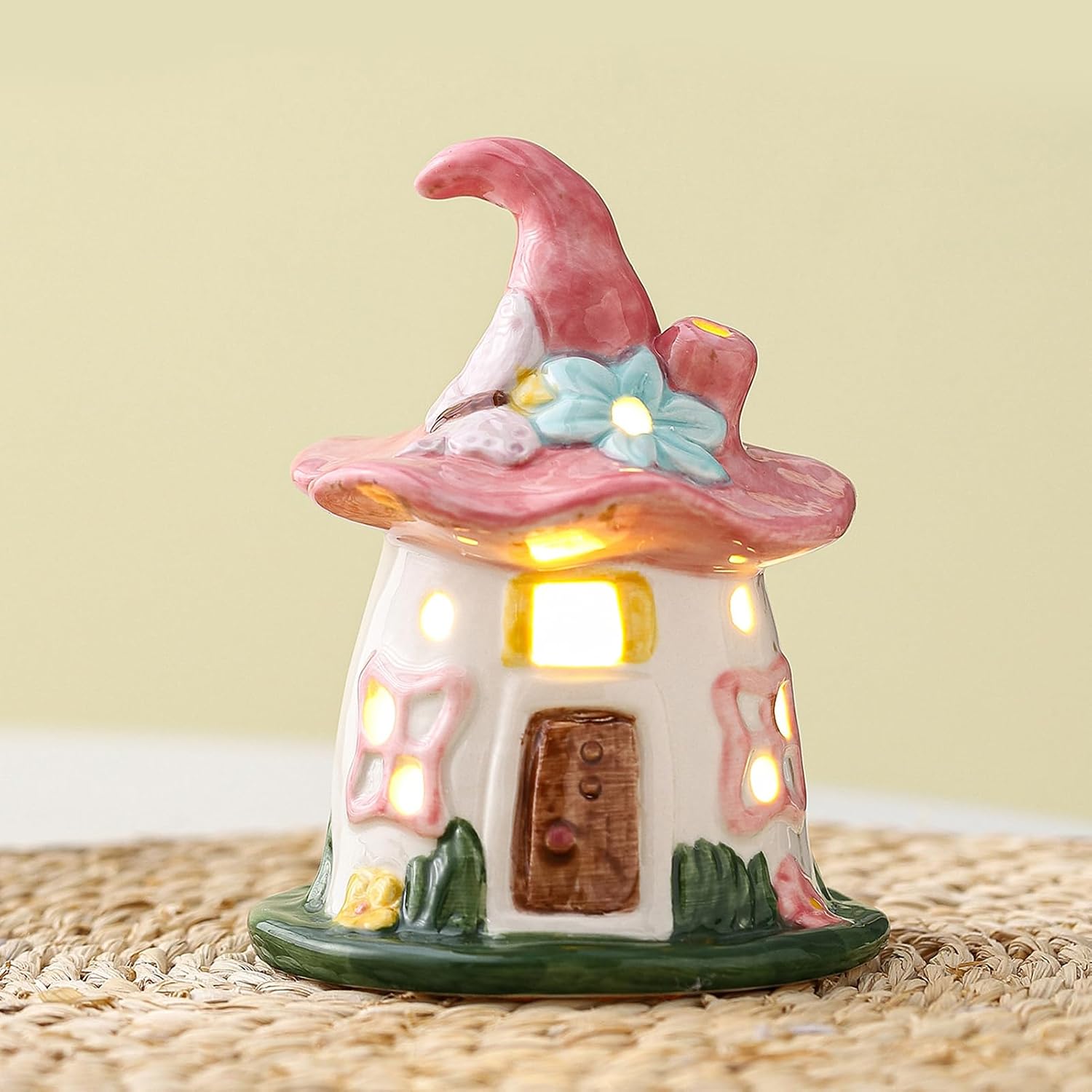 Lighted Ceramic Spring Hat House – LED Fairy House Tabletop Decoration