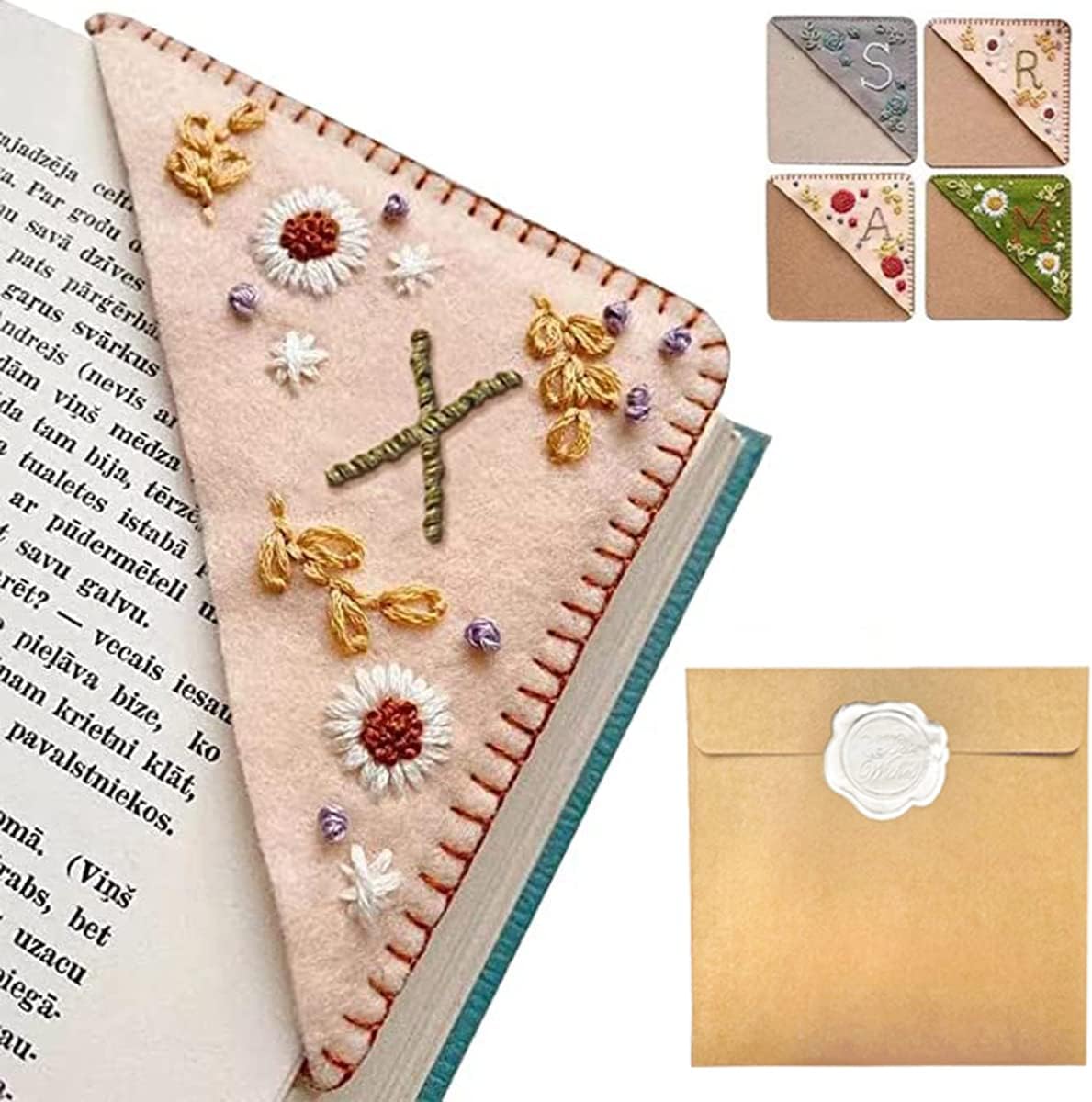 Personalized Hand Embroidered Corner Bookmark – Custom Initial Felt Bookmark for Book Lovers