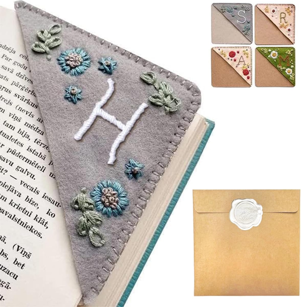 Personalized Hand Embroidered Corner Bookmark – Custom Initial Felt Bookmark for Book Lovers