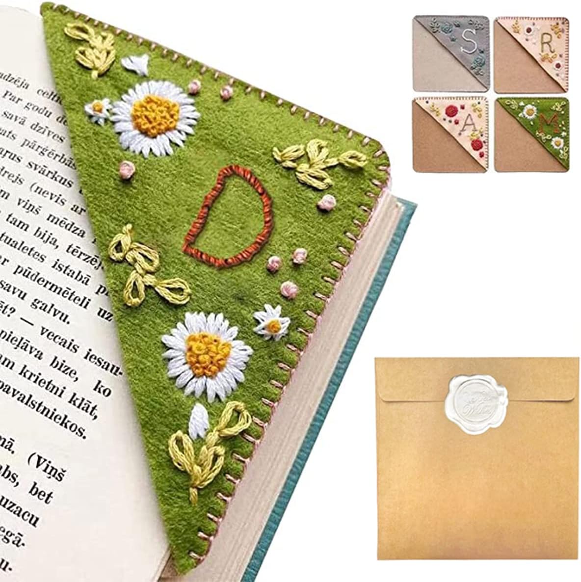 Personalized Hand Embroidered Corner Bookmark – Custom Initial Felt Bookmark for Book Lovers