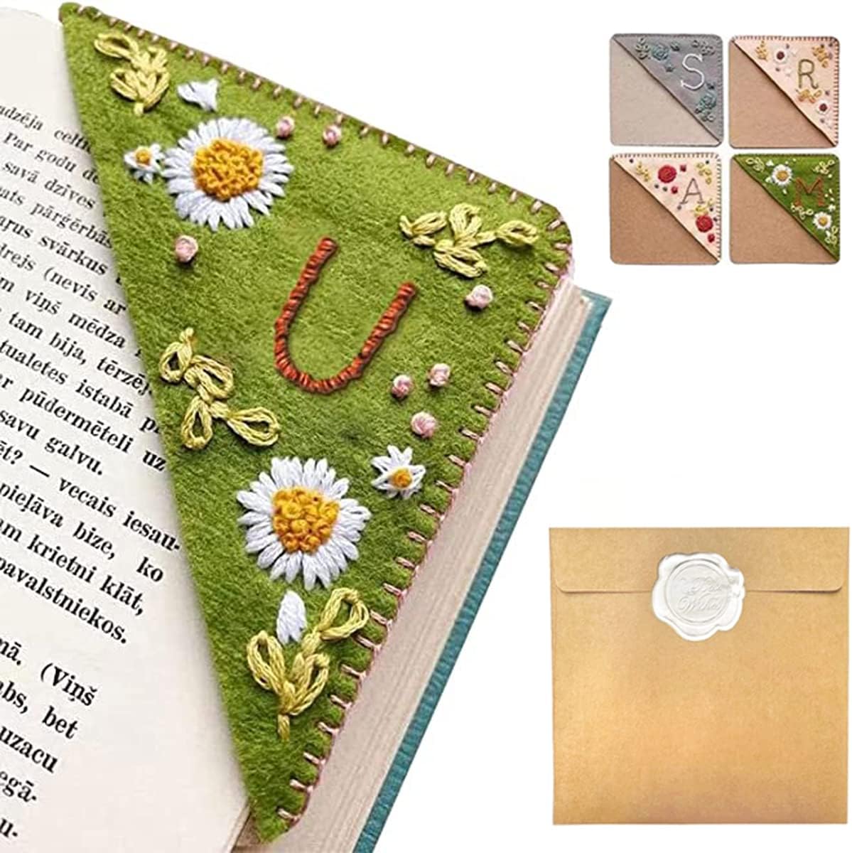 Personalized Hand Embroidered Corner Bookmark – Custom Initial Felt Bookmark for Book Lovers