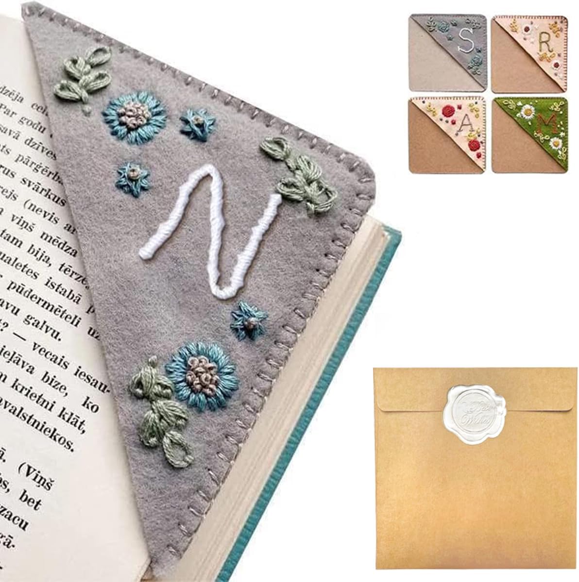 Personalized Hand Embroidered Corner Bookmark – Custom Initial Felt Bookmark for Book Lovers