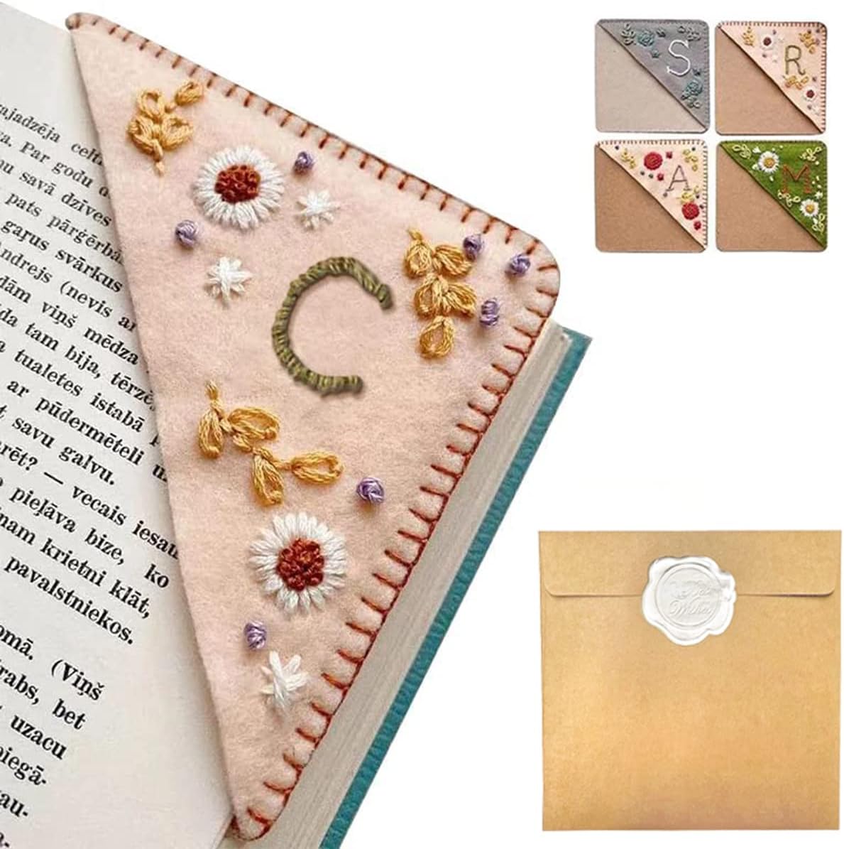 Personalized Hand Embroidered Corner Bookmark – Custom Initial Felt Bookmark for Book Lovers