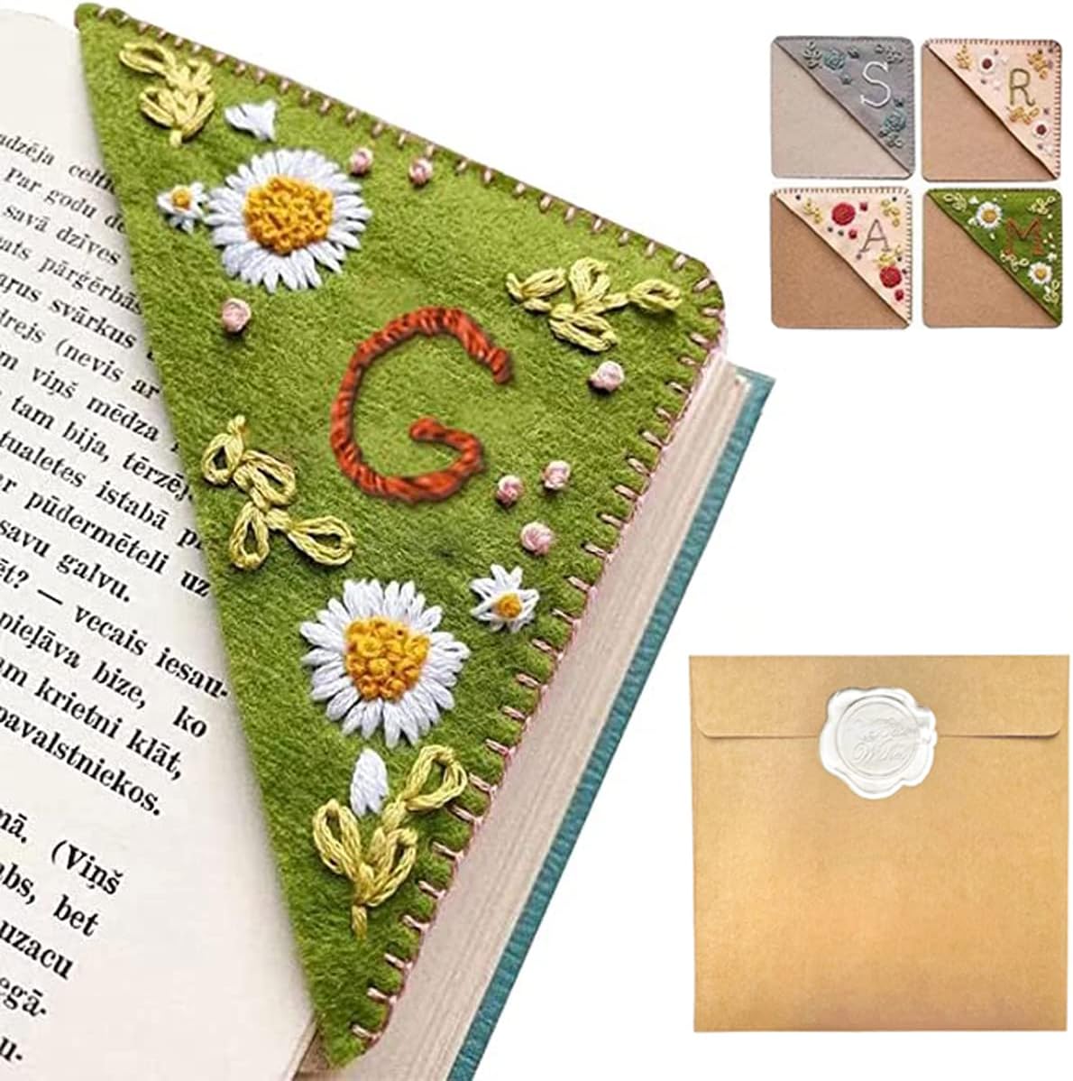 Personalized Hand Embroidered Corner Bookmark – Custom Initial Felt Bookmark for Book Lovers