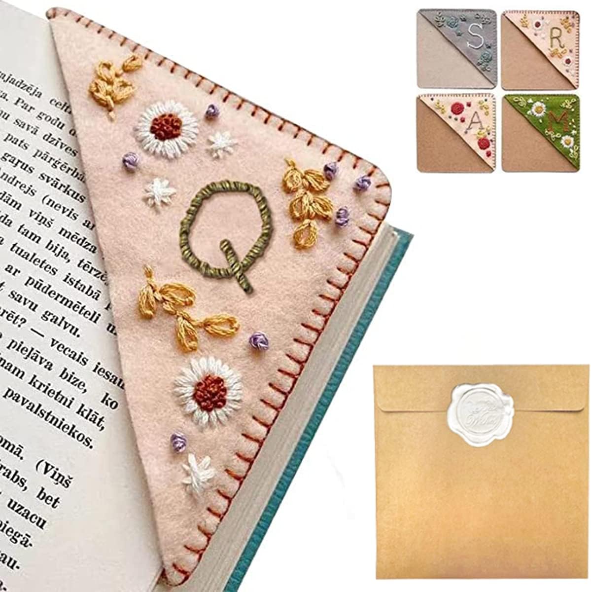 Personalized Hand Embroidered Corner Bookmark – Custom Initial Felt Bookmark for Book Lovers
