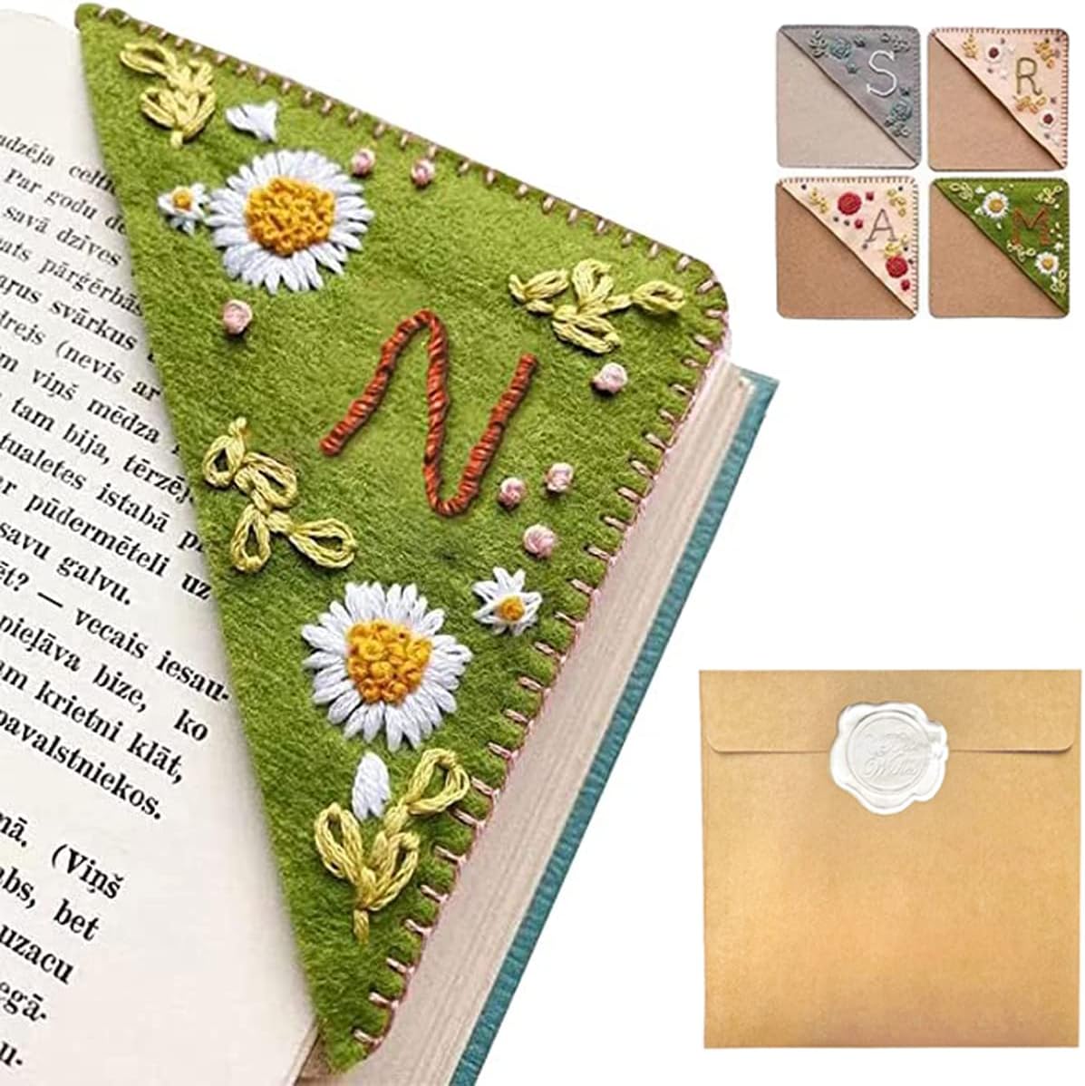 Personalized Hand Embroidered Corner Bookmark – Custom Initial Felt Bookmark for Book Lovers