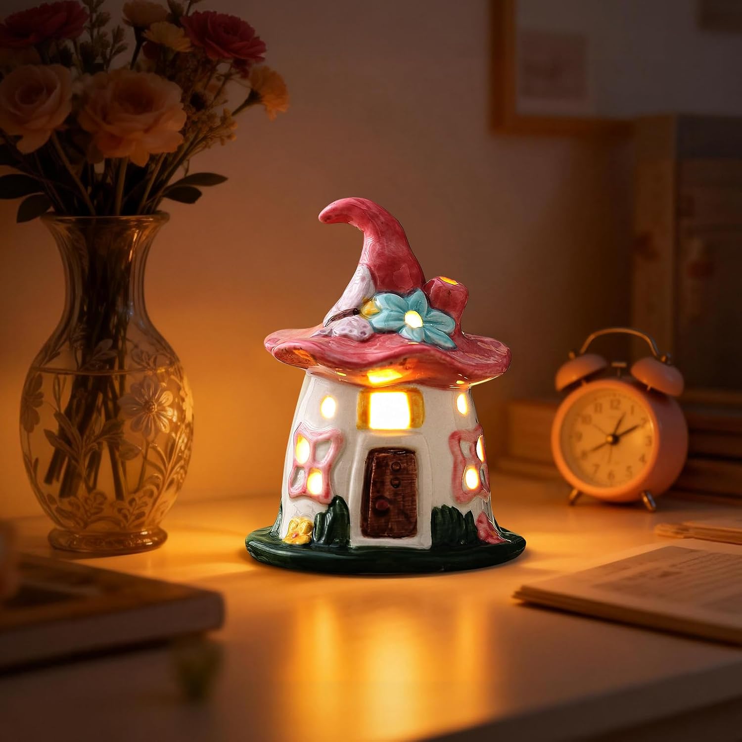 Lighted Ceramic Spring Hat House – LED Fairy House Tabletop Decoration