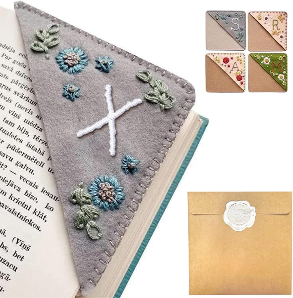 Personalized Hand Embroidered Corner Bookmark – Custom Initial Felt Bookmark for Book Lovers