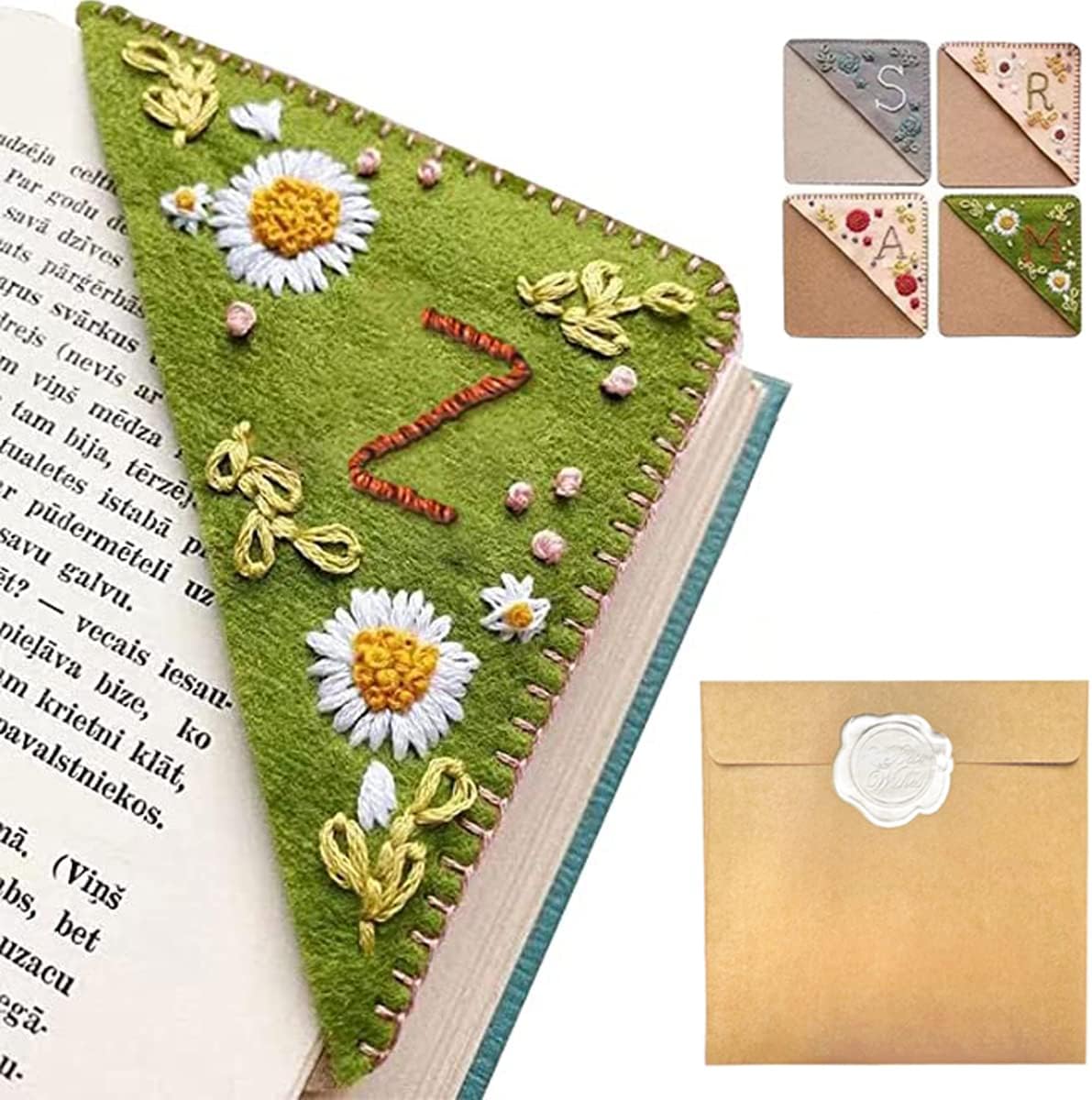Personalized Hand Embroidered Corner Bookmark – Custom Initial Felt Bookmark for Book Lovers