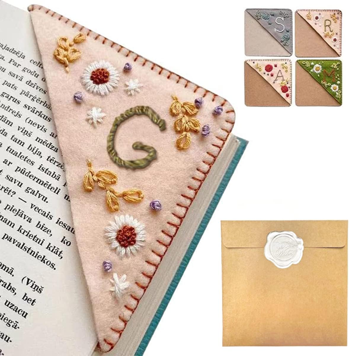 Personalized Hand Embroidered Corner Bookmark – Custom Initial Felt Bookmark for Book Lovers