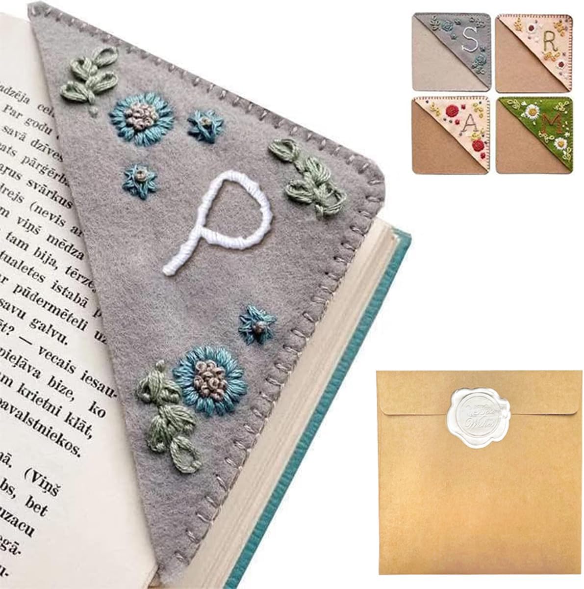 Personalized Hand Embroidered Corner Bookmark – Custom Initial Felt Bookmark for Book Lovers