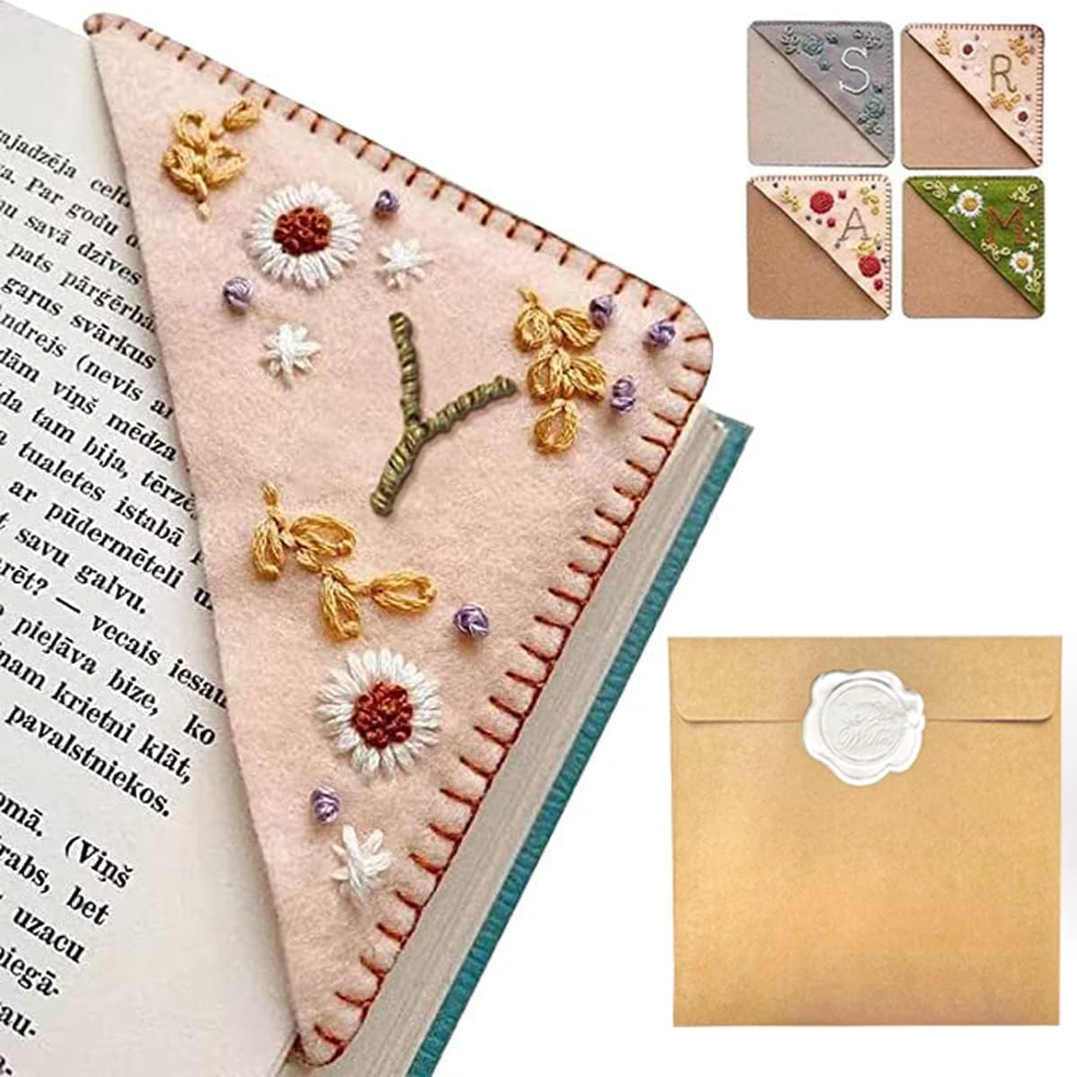 Personalized Hand Embroidered Corner Bookmark – Custom Initial Felt Bookmark for Book Lovers