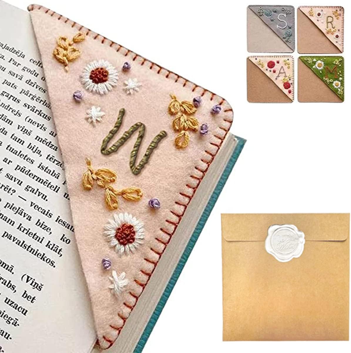 Personalized Hand Embroidered Corner Bookmark – Custom Initial Felt Bookmark for Book Lovers
