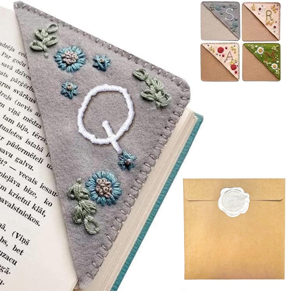 Personalized Hand Embroidered Corner Bookmark – Custom Initial Felt Bookmark for Book Lovers