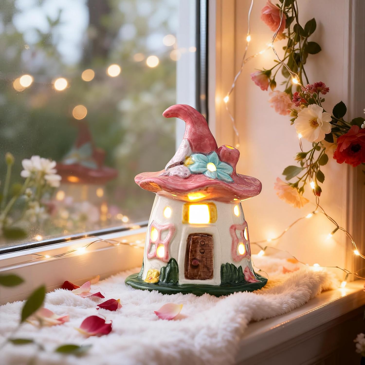 Lighted Ceramic Spring Hat House – LED Fairy House Tabletop Decoration