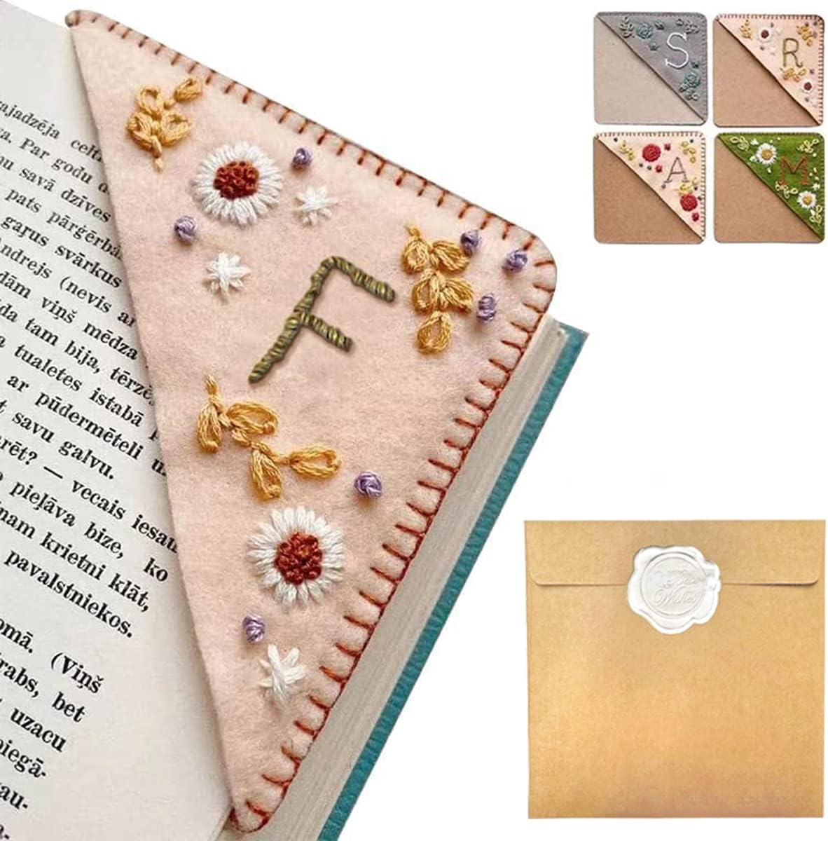 Personalized Hand Embroidered Corner Bookmark – Custom Initial Felt Bookmark for Book Lovers