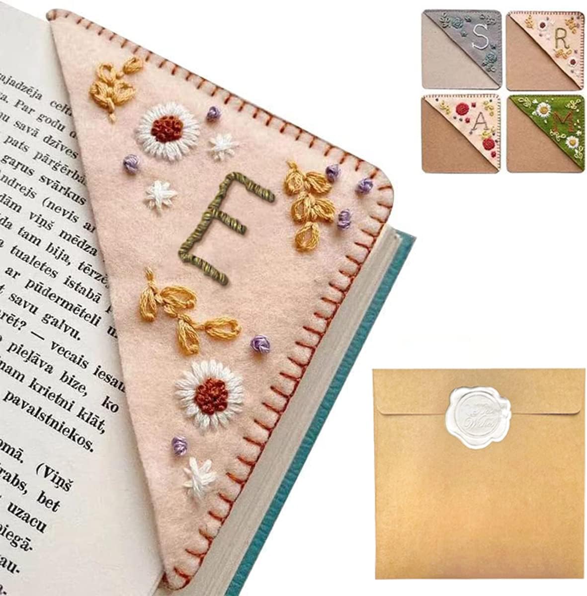 Personalized Hand Embroidered Corner Bookmark – Custom Initial Felt Bookmark for Book Lovers
