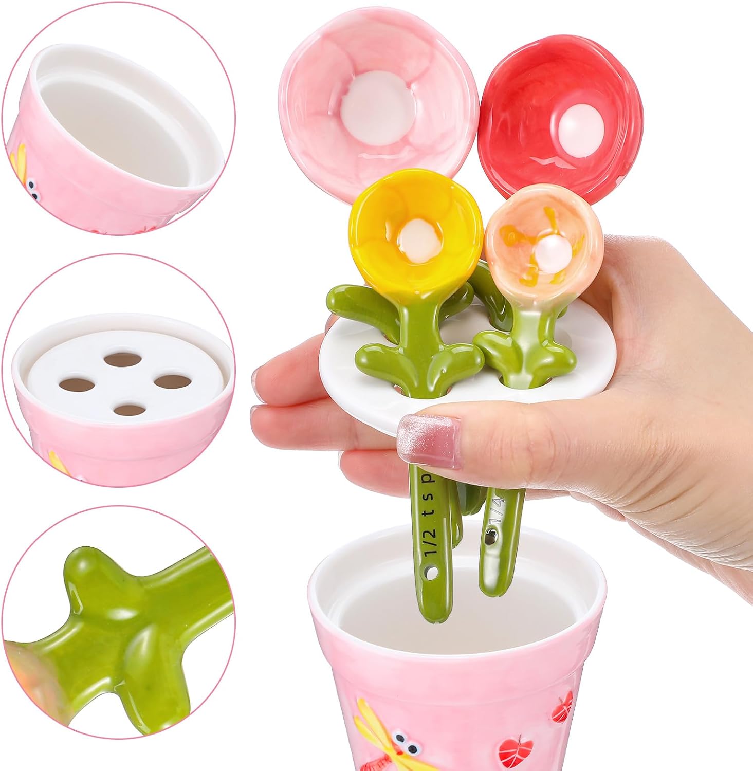 Flower Measuring Spoons in Ceramic Pot – Cute 4-Piece Baking & Cooking Set