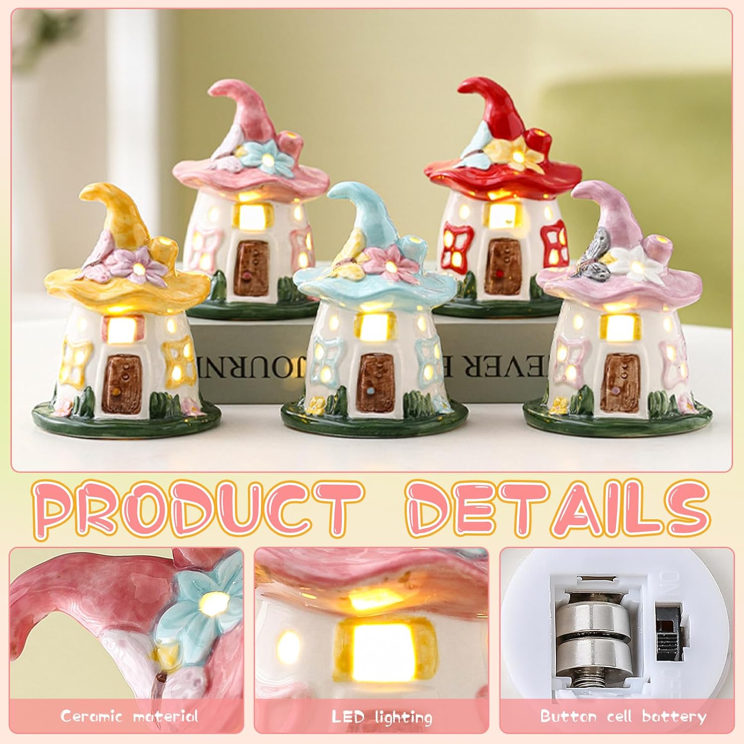 Lighted Ceramic Spring Hat House – LED Fairy House Tabletop Decoration