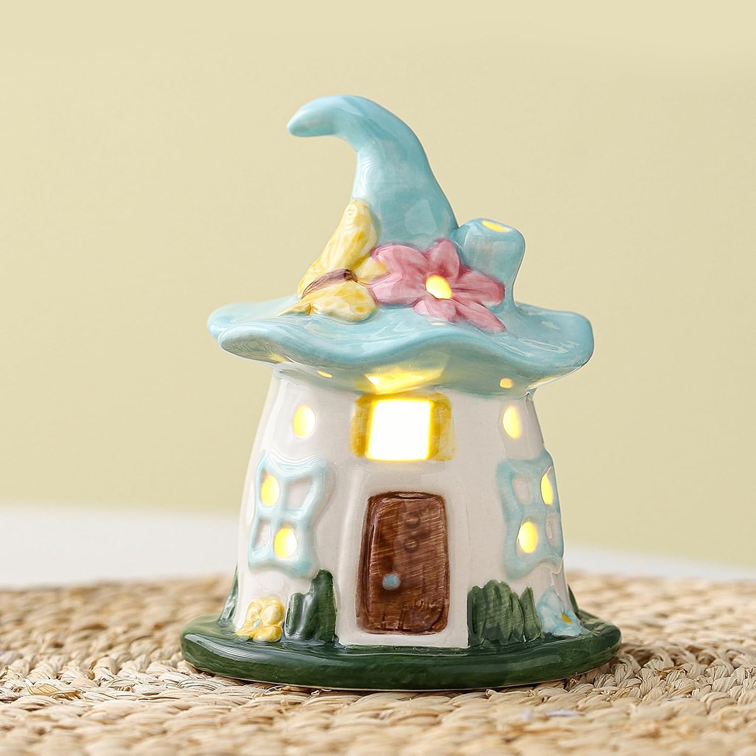 Lighted Ceramic Spring Hat House – LED Fairy House Tabletop Decoration