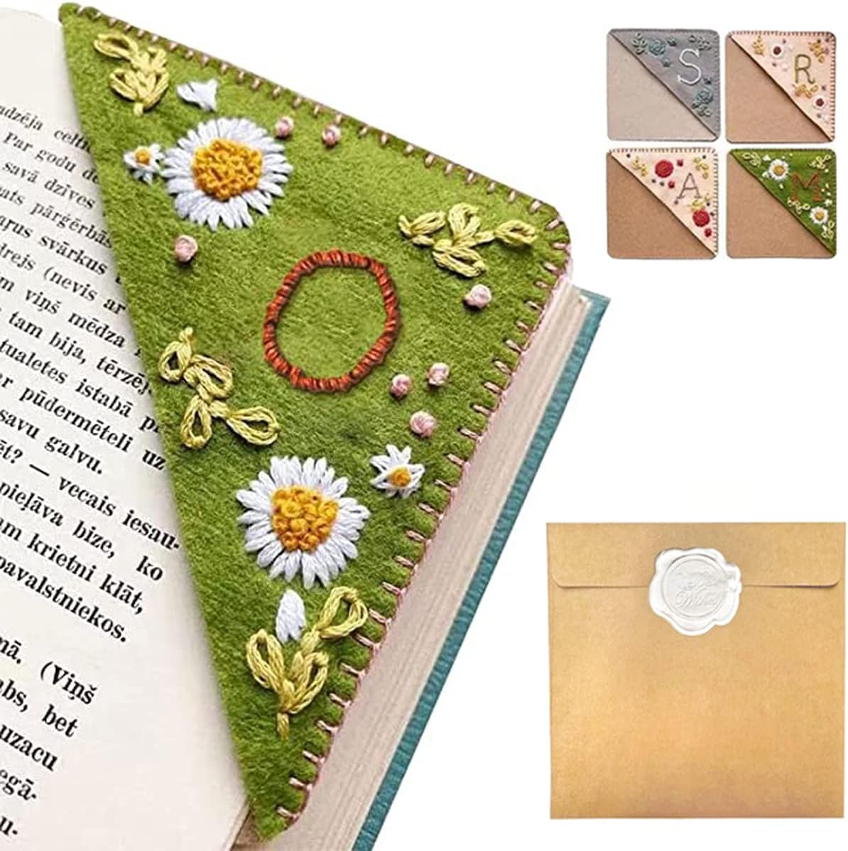 Personalized Hand Embroidered Corner Bookmark – Custom Initial Felt Bookmark for Book Lovers