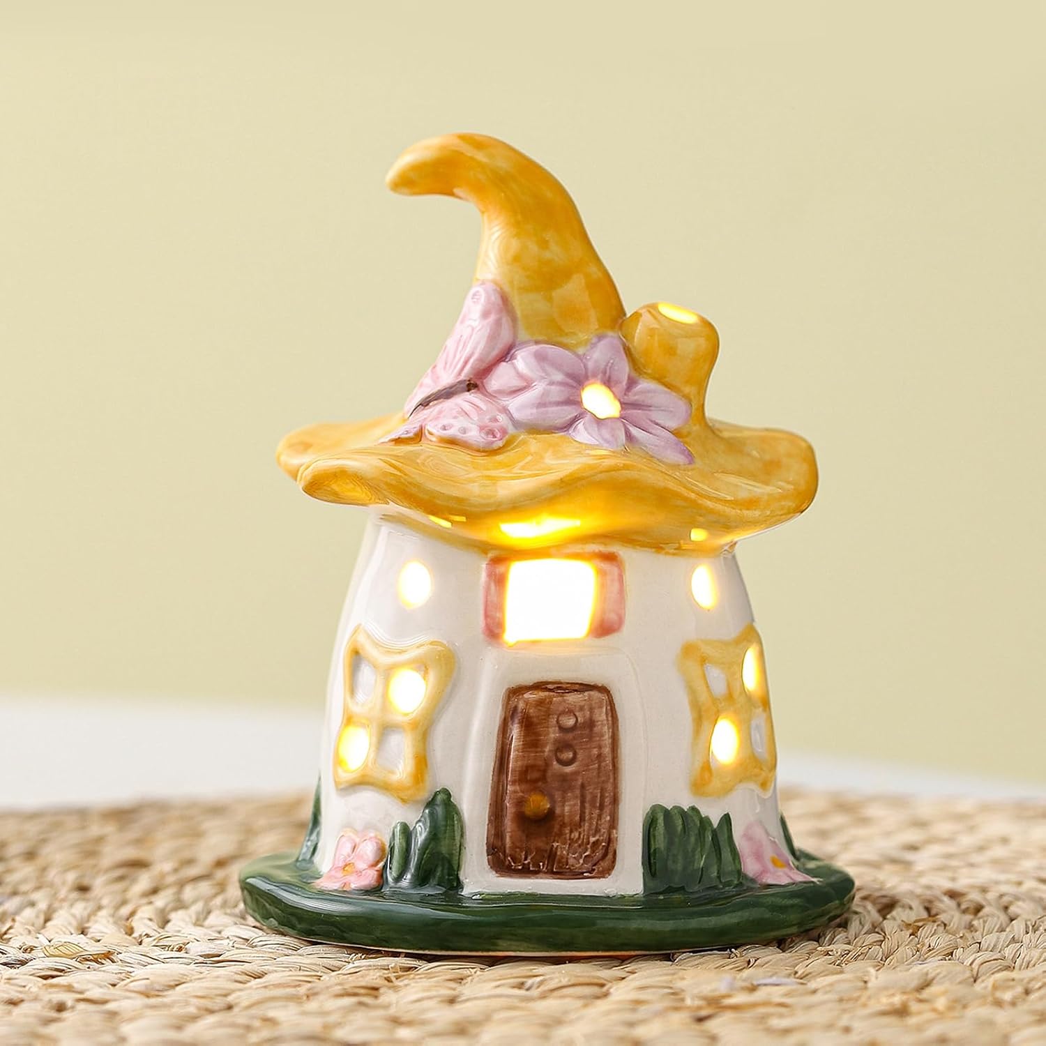 Lighted Ceramic Spring Hat House – LED Fairy House Tabletop Decoration