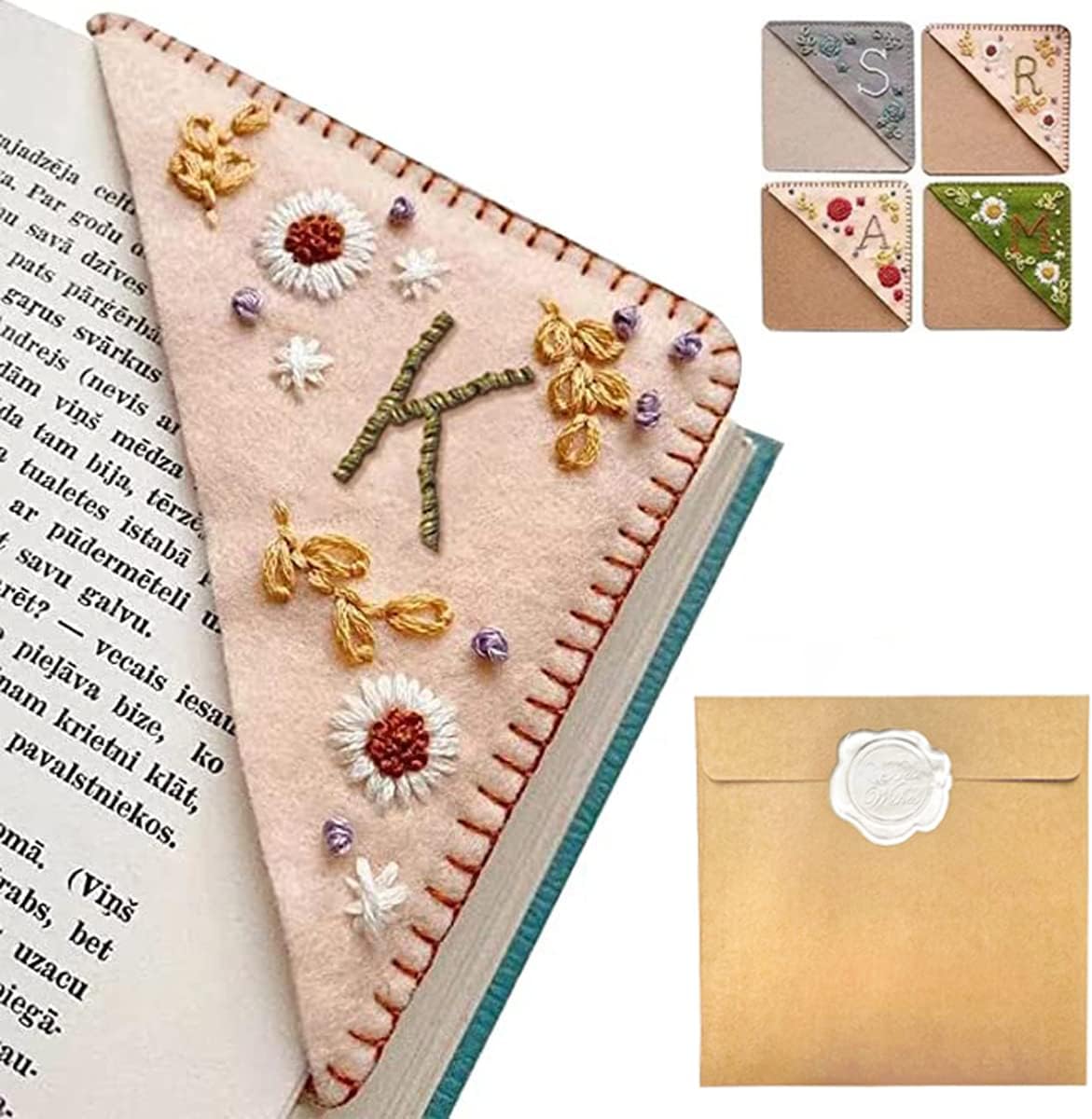Personalized Hand Embroidered Corner Bookmark – Custom Initial Felt Bookmark for Book Lovers
