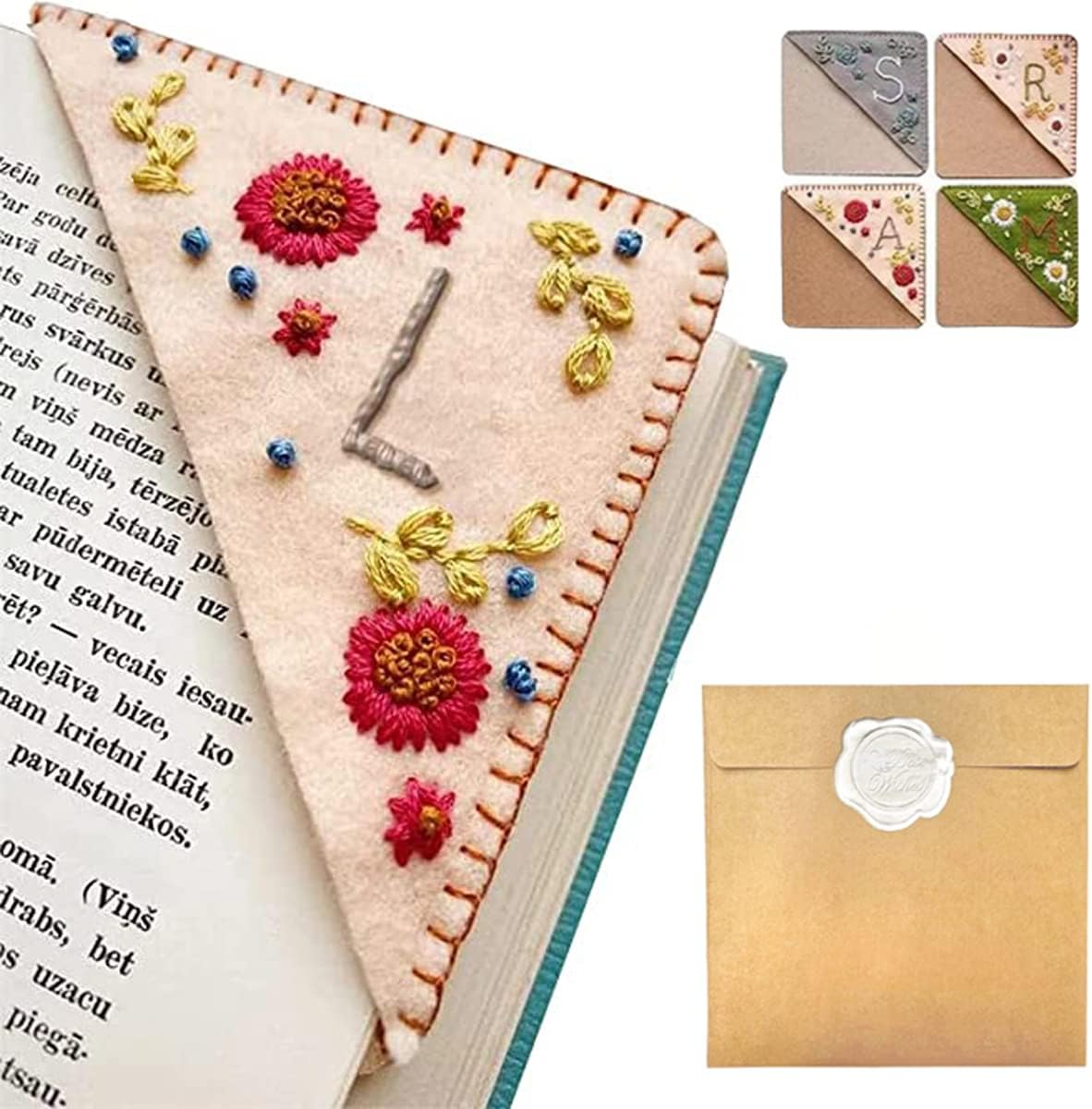 Personalized Hand Embroidered Corner Bookmark – Custom Initial Felt Bookmark for Book Lovers