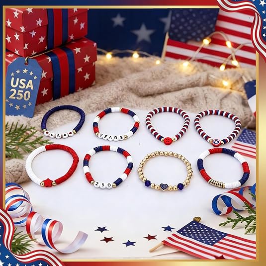 4th of July Red White Blue Clay Beaded Bracelet