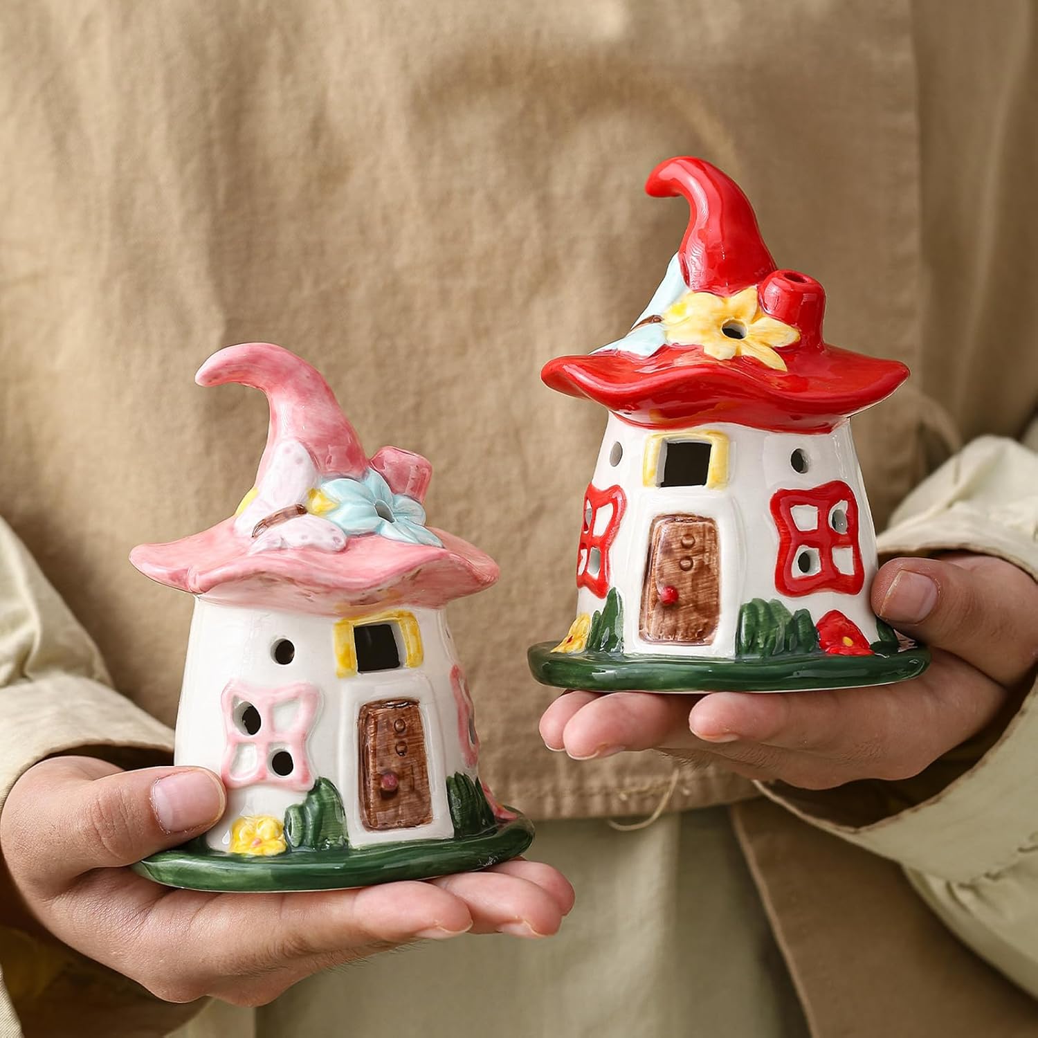 Lighted Ceramic Spring Hat House – LED Fairy House Tabletop Decoration