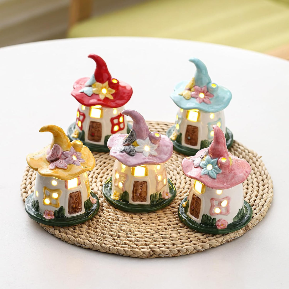 Lighted Ceramic Spring Hat House – LED Fairy House Tabletop Decoration