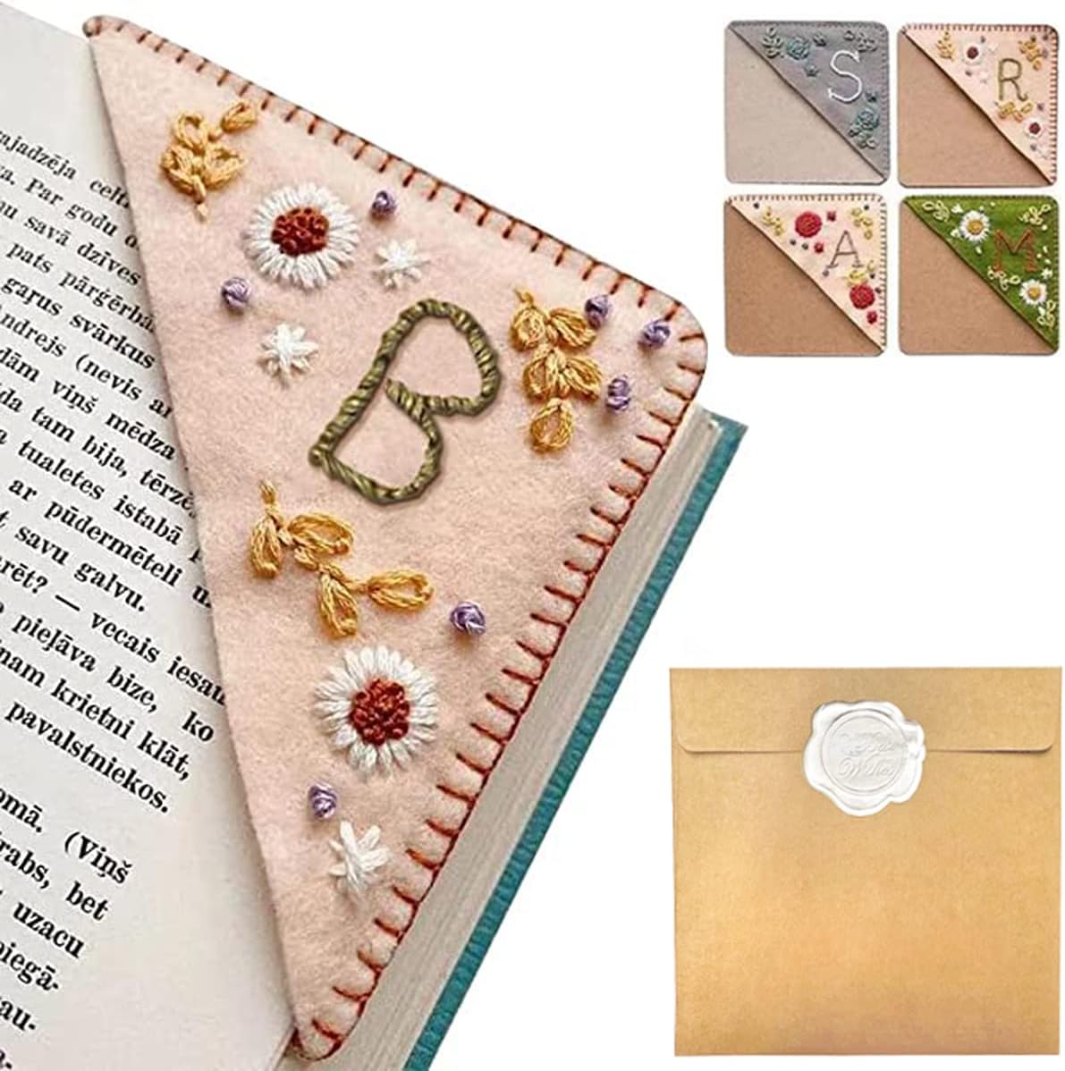 Personalized Hand Embroidered Corner Bookmark – Custom Initial Felt Bookmark for Book Lovers