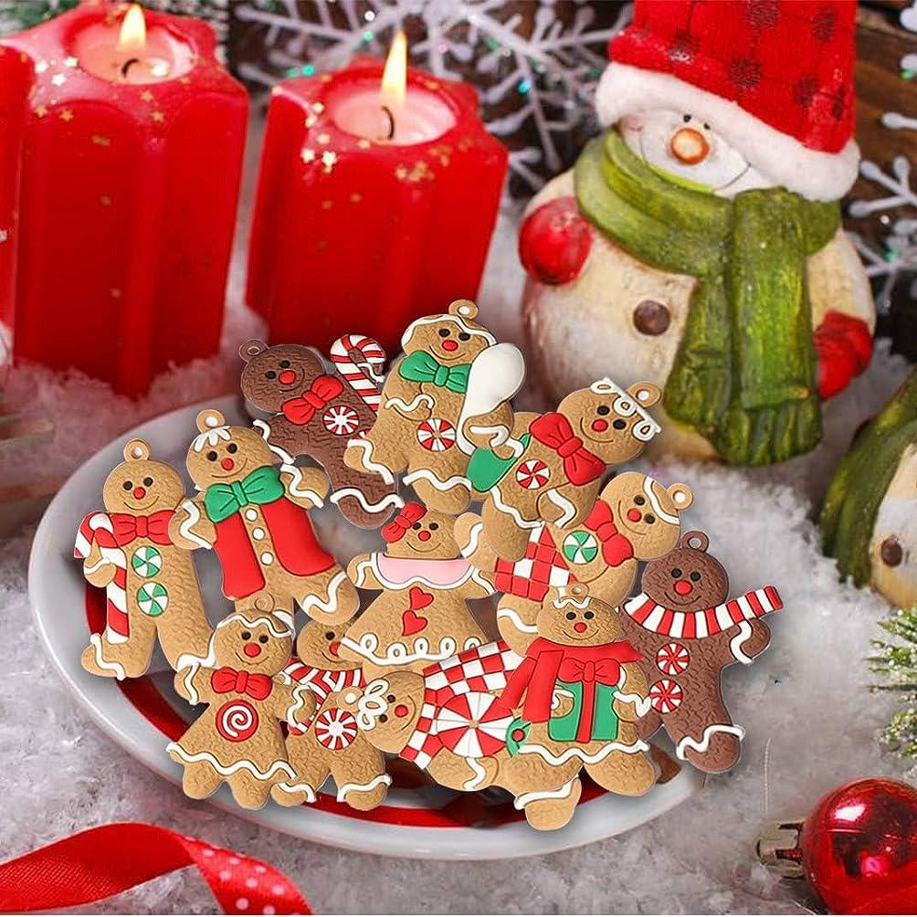 12 Ornements bonhomme en pain d'épices pour sapin de Noël, figurines assorties en plastique pour sapin de Noël