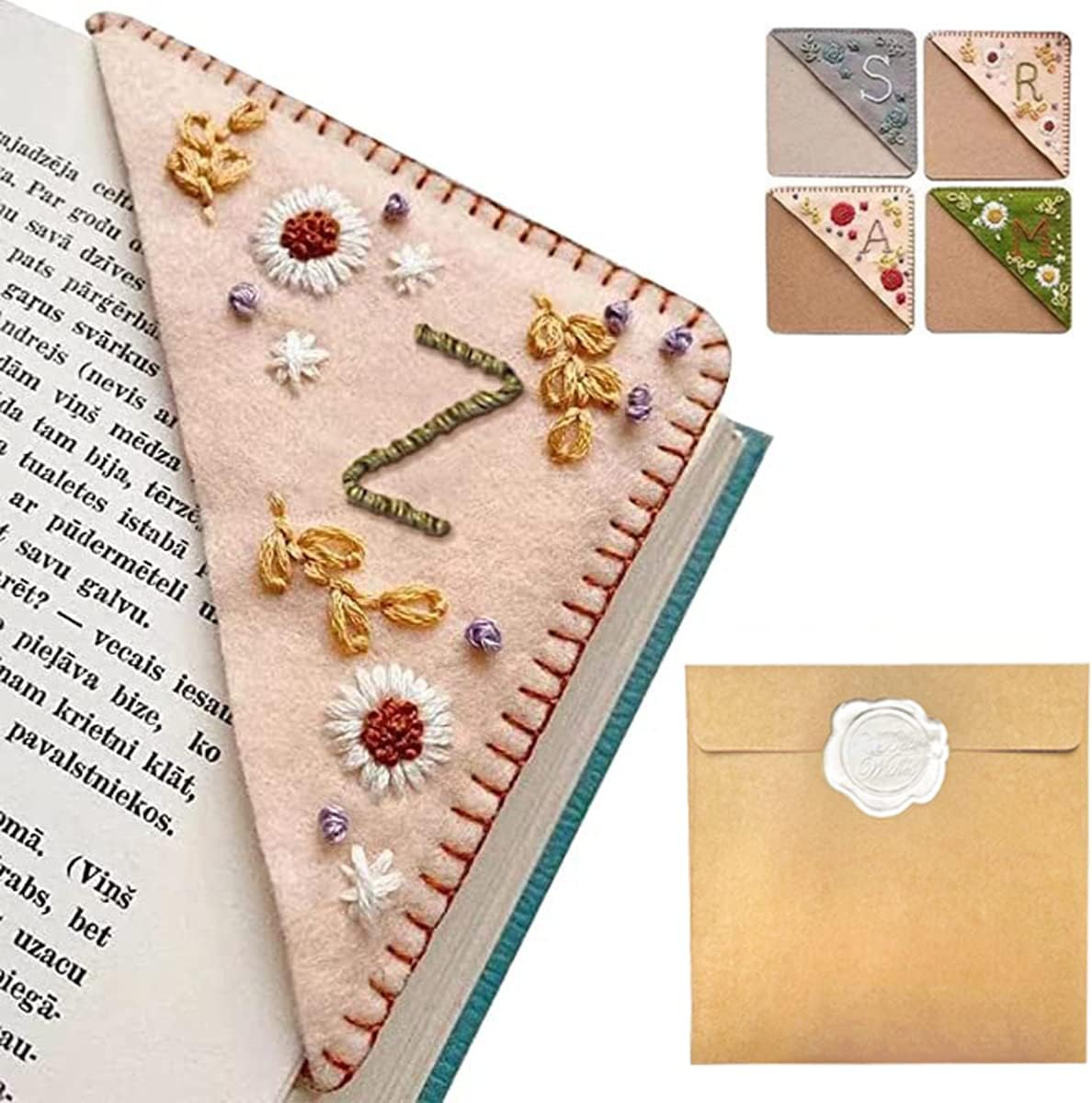 Personalized Hand Embroidered Corner Bookmark – Custom Initial Felt Bookmark for Book Lovers