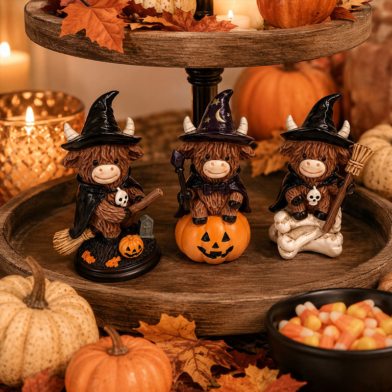 Halloween Highland Cow Ornament – Spooky Cute Tabletop Decor