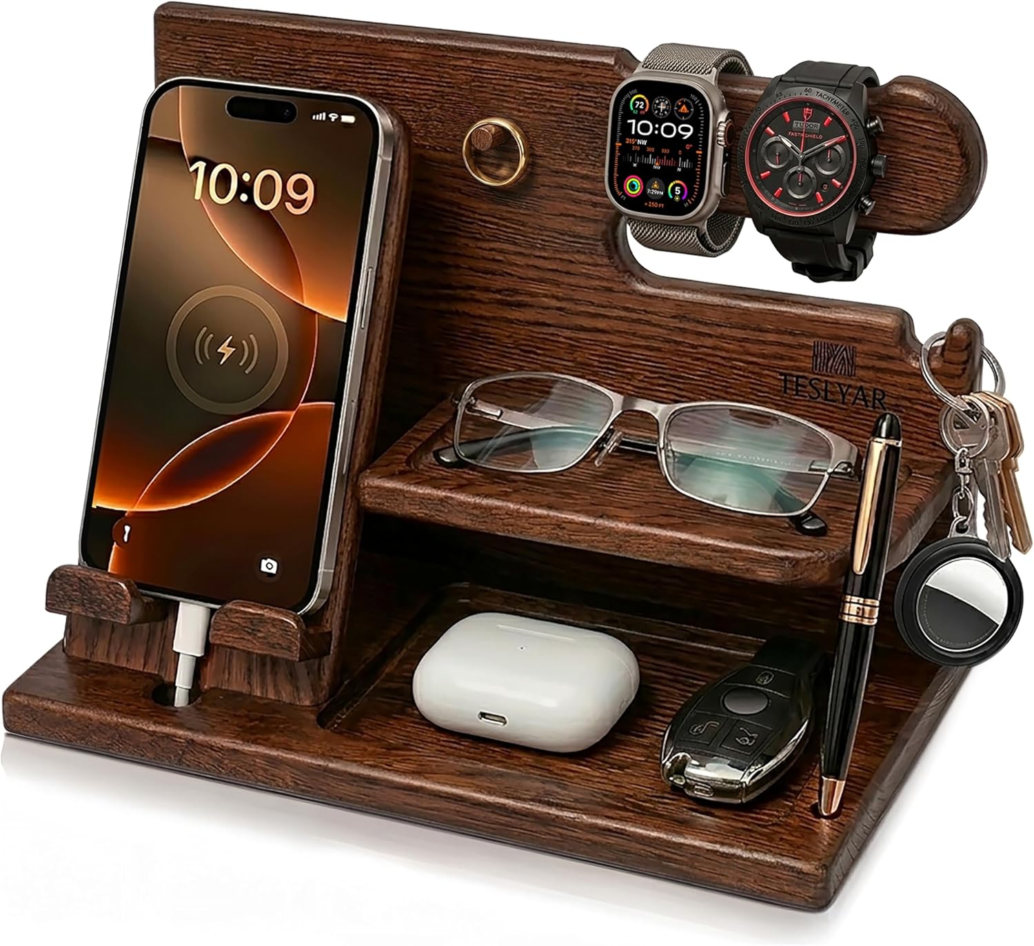 Wood Phone Docking Station for Dad – Father’s Day Gift – Desk & Nightstand Organizer for Phone, Watch & Keys