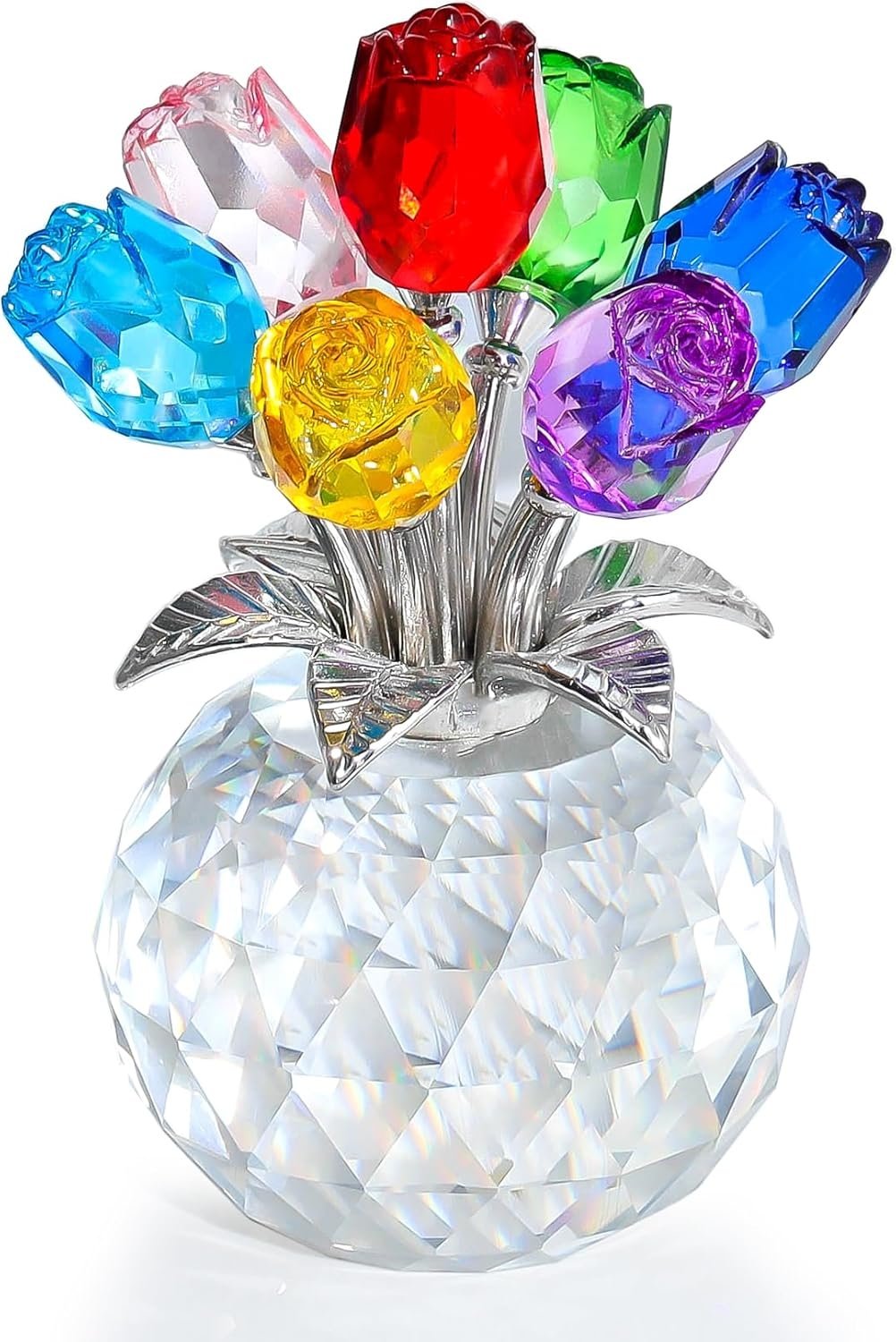 Crystal Colorful Rose Flower Collectible Figurine with Vase