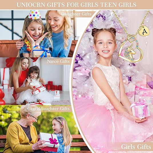 Easter Unicorn Initial Necklace - Colorful CZ Heart Jewelry Gift for Girls