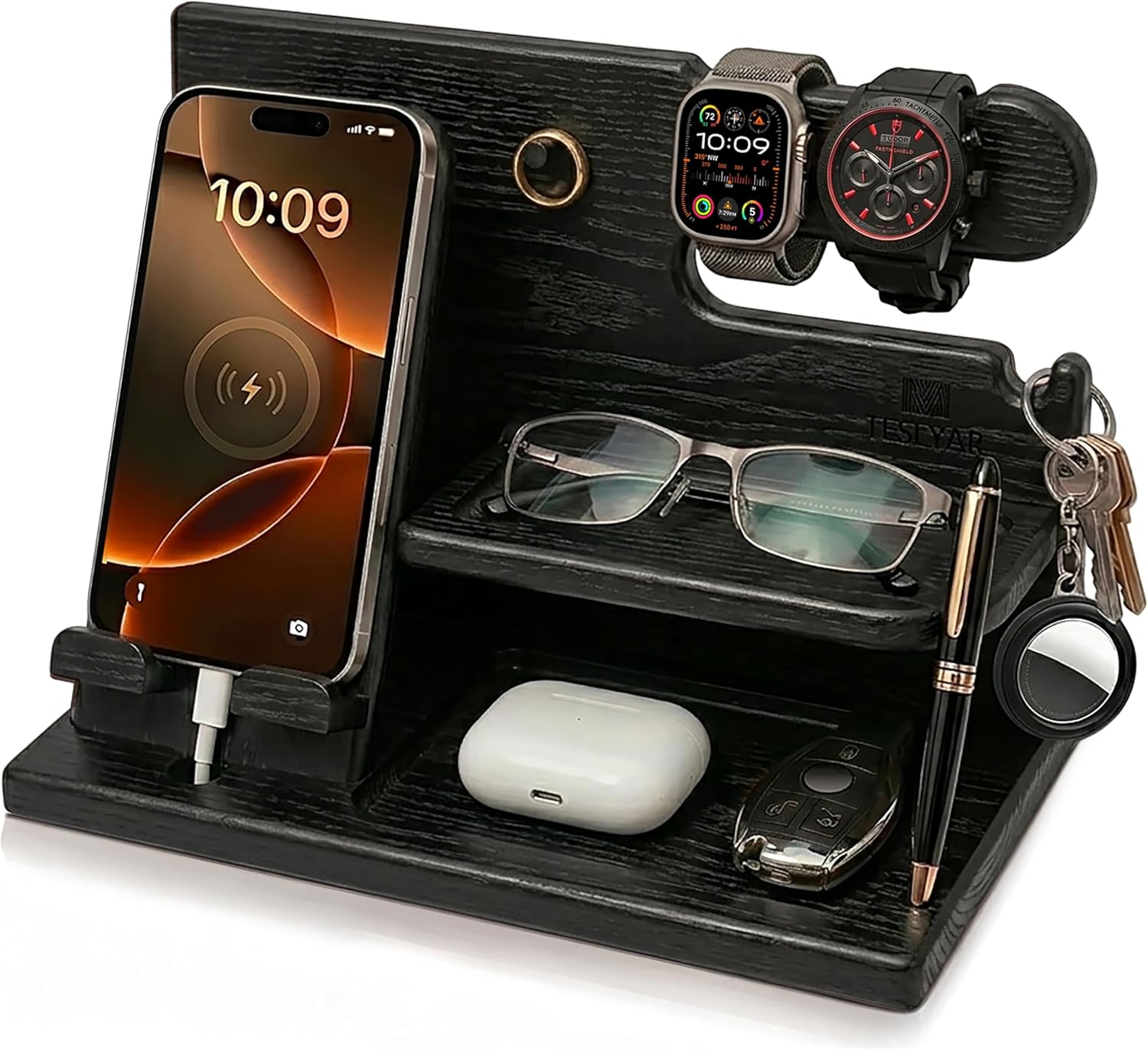 Wood Phone Docking Station for Dad – Father’s Day Gift – Desk & Nightstand Organizer for Phone, Watch & Keys
