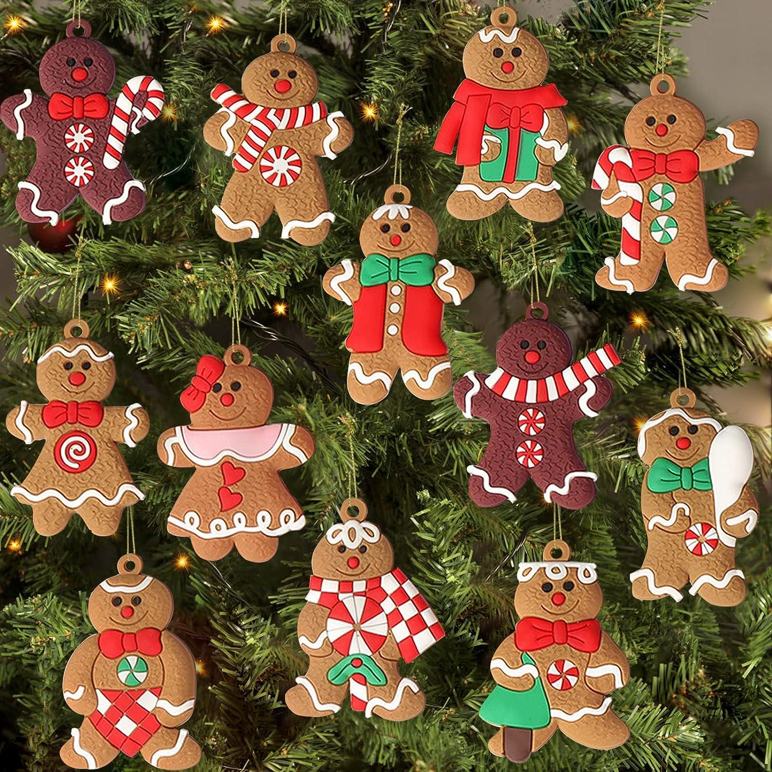 12 Ornements bonhomme en pain d'épices pour sapin de Noël, figurines assorties en plastique pour sapin de Noël
