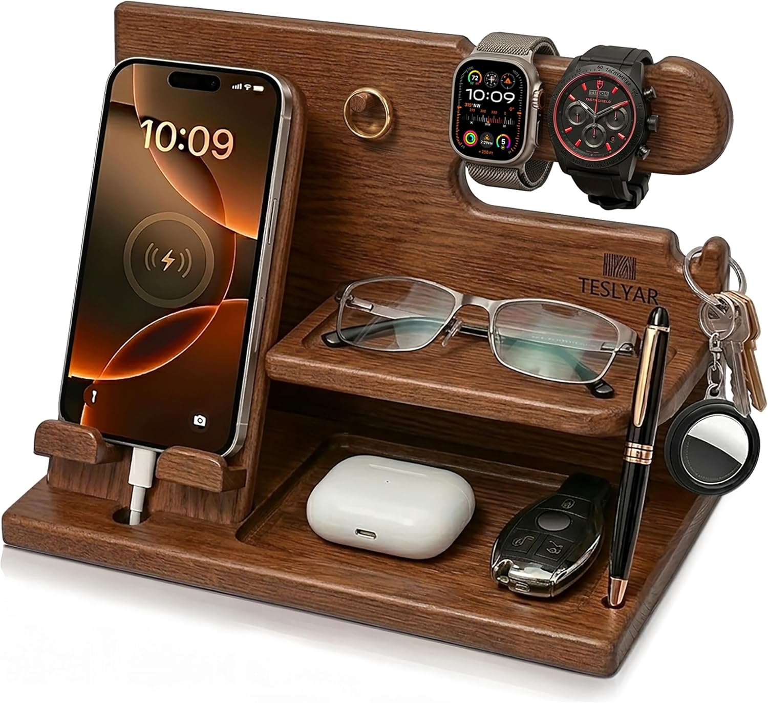 Wood Phone Docking Station for Dad – Father’s Day Gift – Desk & Nightstand Organizer for Phone, Watch & Keys