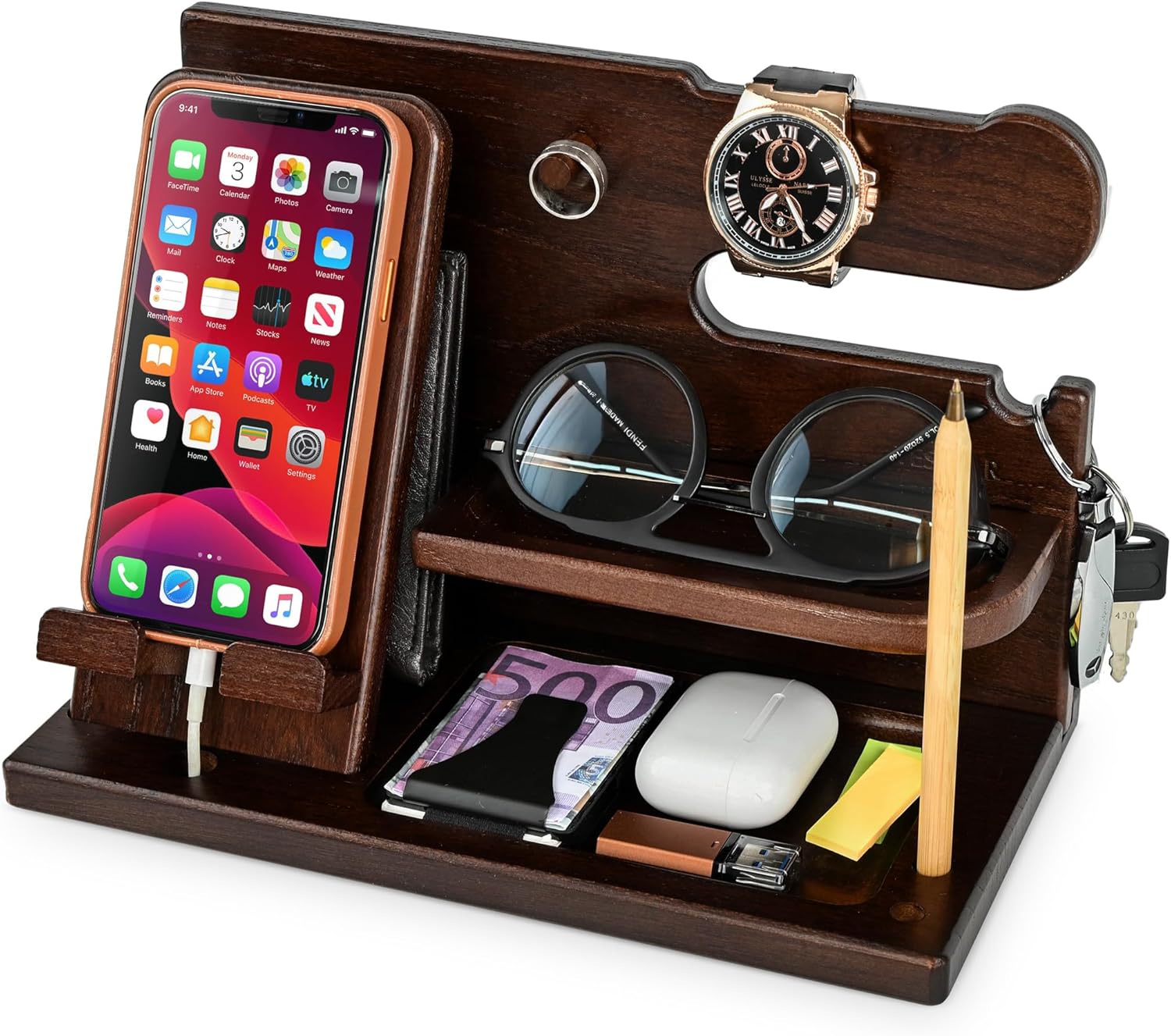 Wood Phone Docking Station for Dad – Father’s Day Gift – Desk & Nightstand Organizer for Phone, Watch & Keys