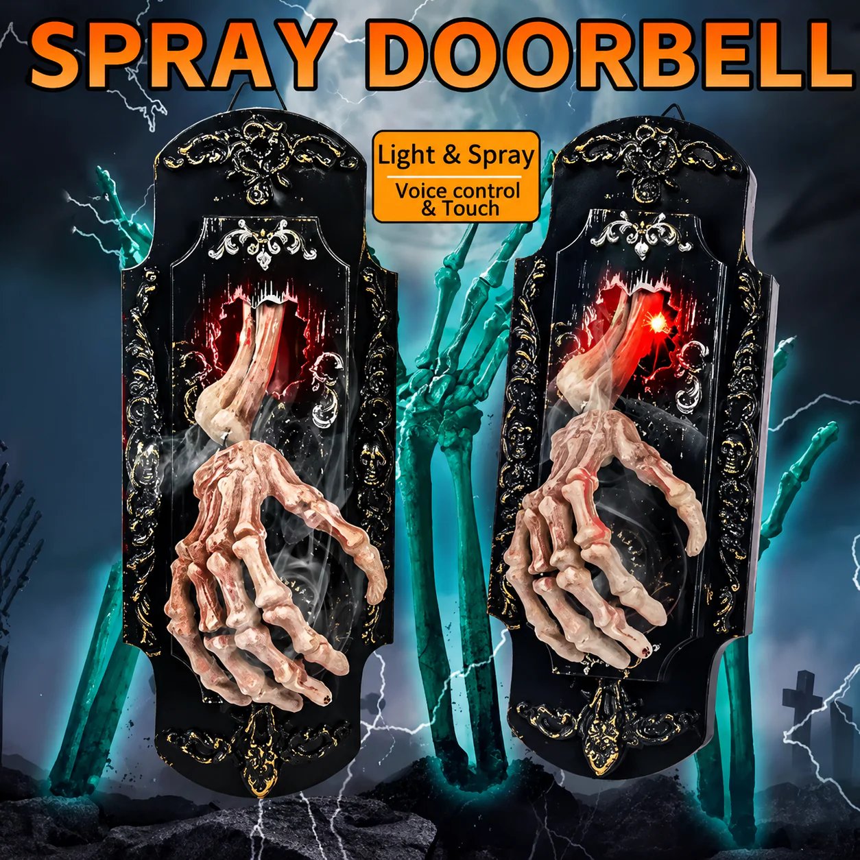 Gothic Skeleton Hand Doorbell – Motion Activated Haunted Door Decoration