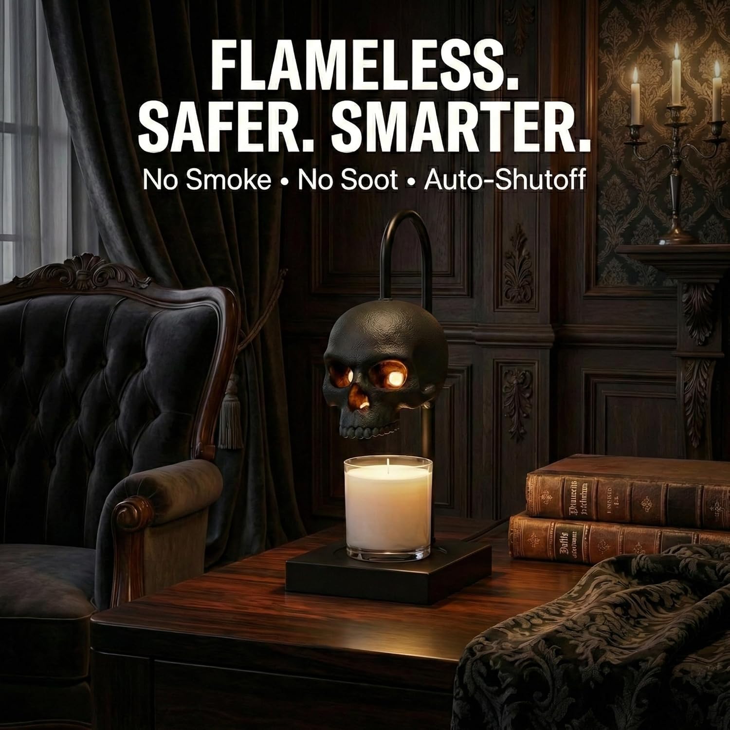 Gothic Skull Candle Warmer Lamp with Timer & Dimmable Heat