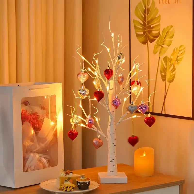 Romantic Heart-Shaped Birch Tree Lamp With 18 Heart Ornaments