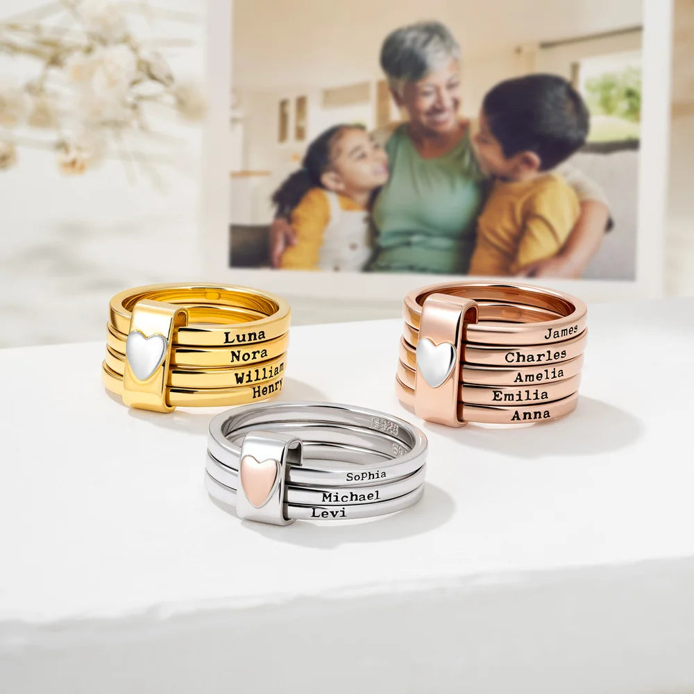 Personalized  Heart Women Stacking Rings with Engraved 2-5 Names Family Jewelry Mother's Day Birthday Gift for Mom Grandma