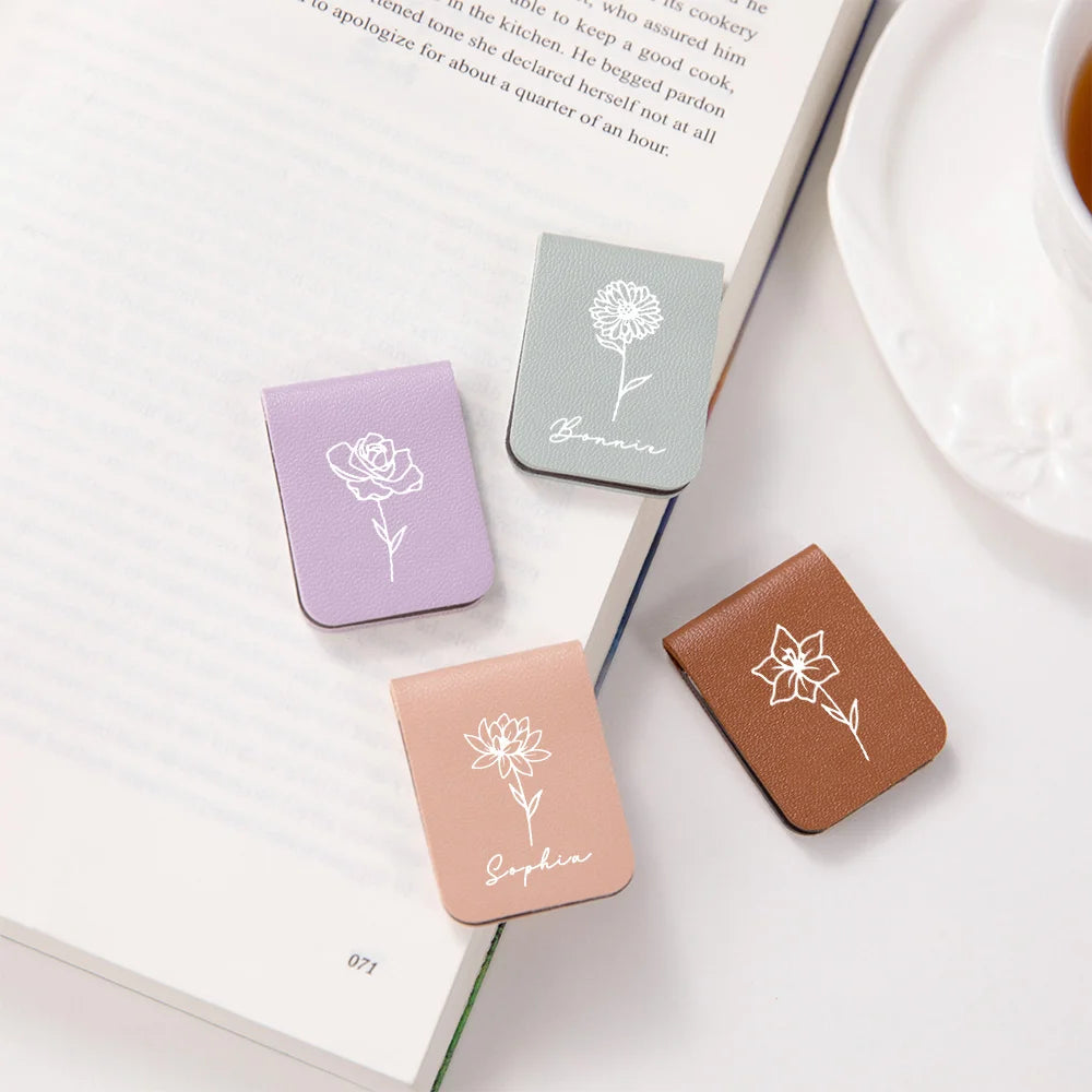 Personalized Birth Flower Leather Magnetic Bookmark with Name